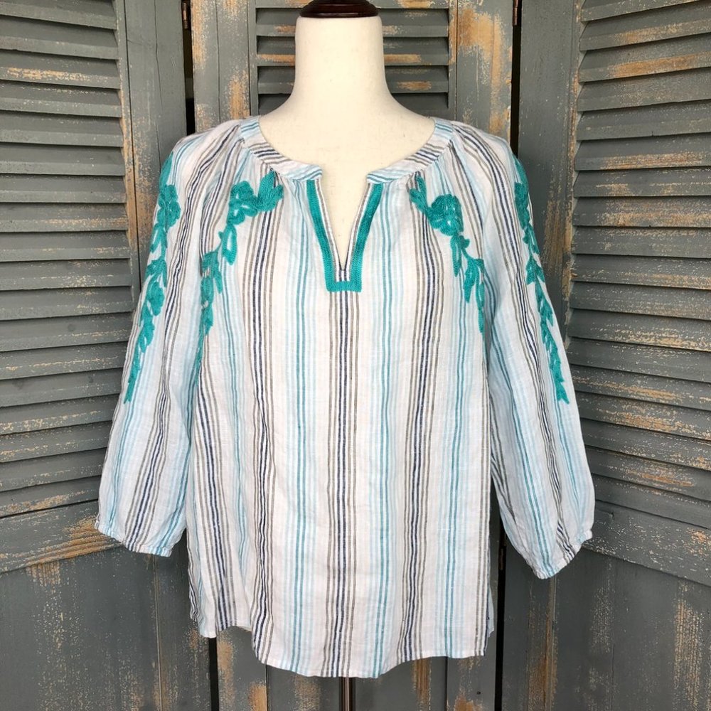 J. Jill Love Linen Embroidered Striped Top Sz SP